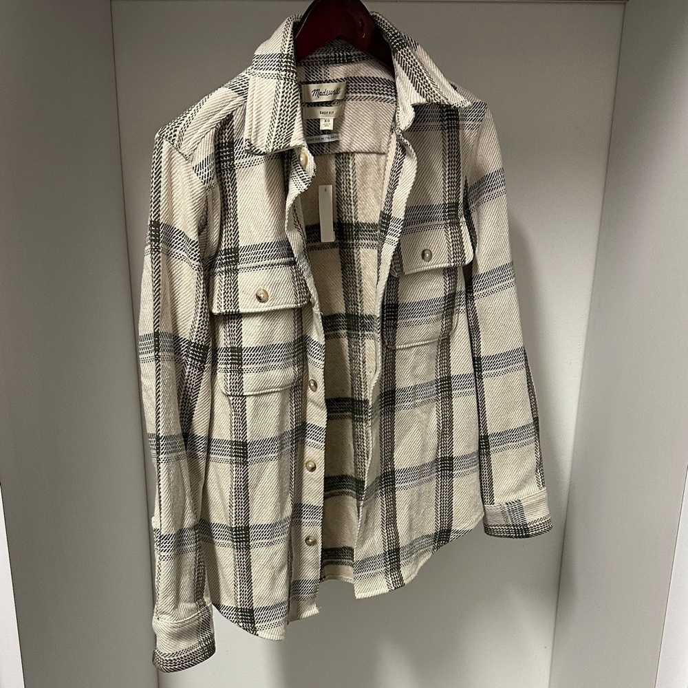 Madewell Cream and Black Plaid Shirt Jacket